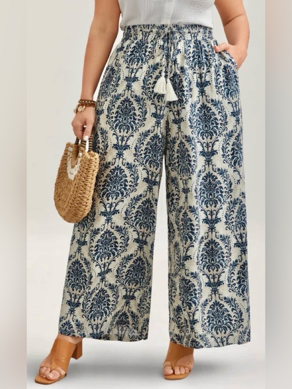 NWT Bloomchic Boho Wide Leg Tan Navy Blue Pockets Palazzo Pants Plus 4X Size 26